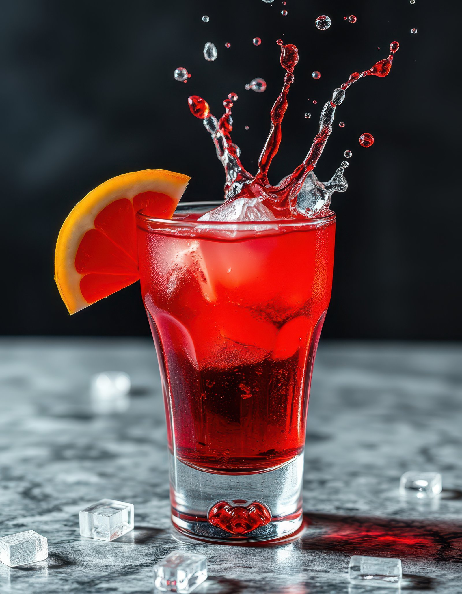 Refreshing red cocktail splashing with ice and garnished with a slice of orange on a marble surface